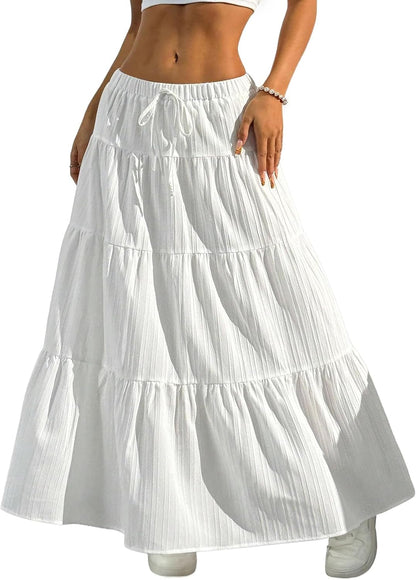DERAX Women's Boho Flowy White Maxi Skirt Ruffle Elastic Waist Long Skirts