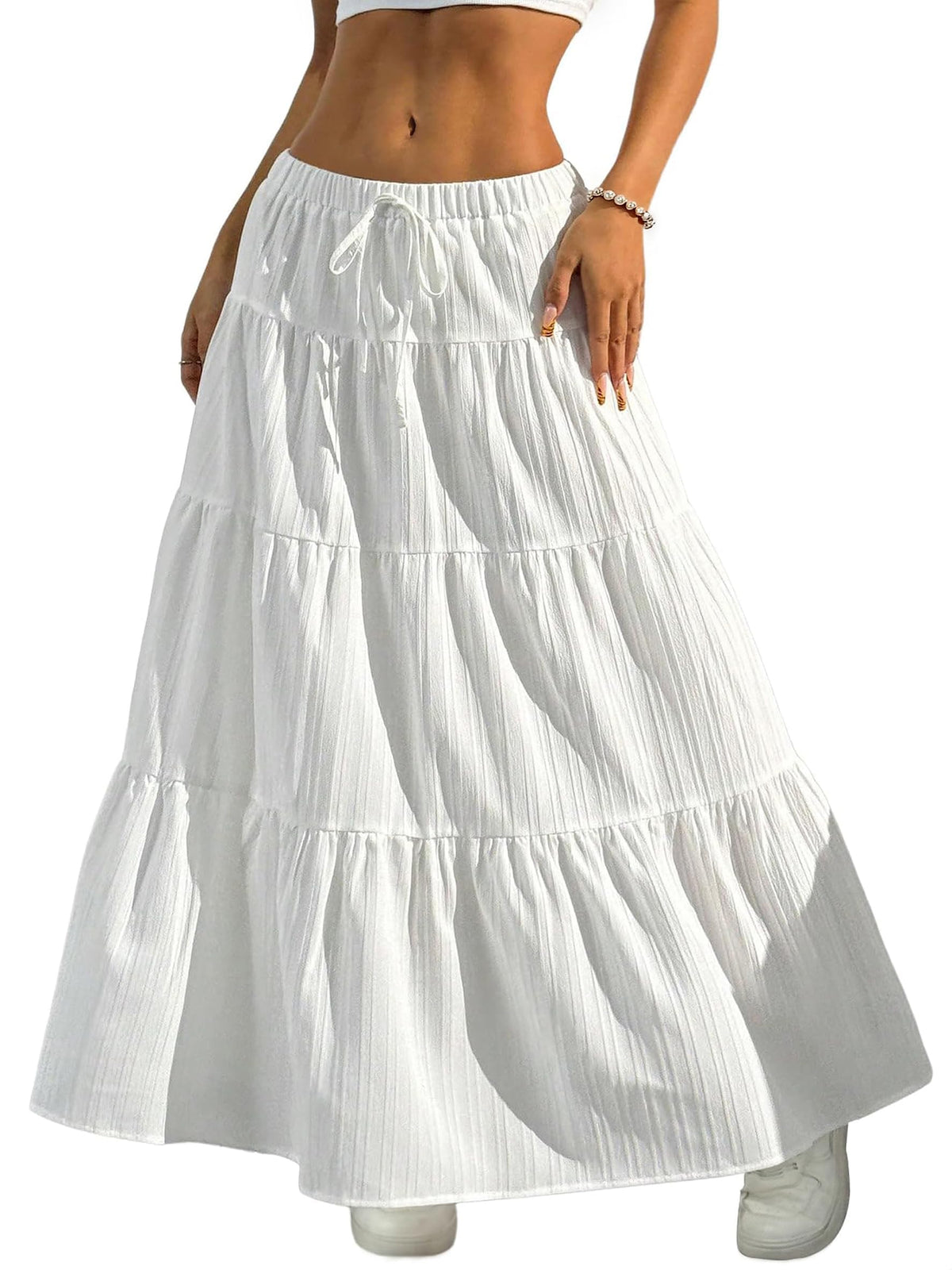 DERAX Women's Boho Flowy White Maxi Skirt Ruffle Elastic Waist Long Skirts