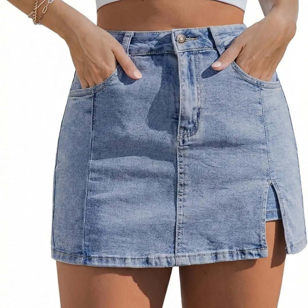 luvamia Palda Minimalist High Waisted Mini Casual Oversize Skirt with Side Slit for Women Soft Black Denim Jean Shorts Stretchy Fit Summer Bottom