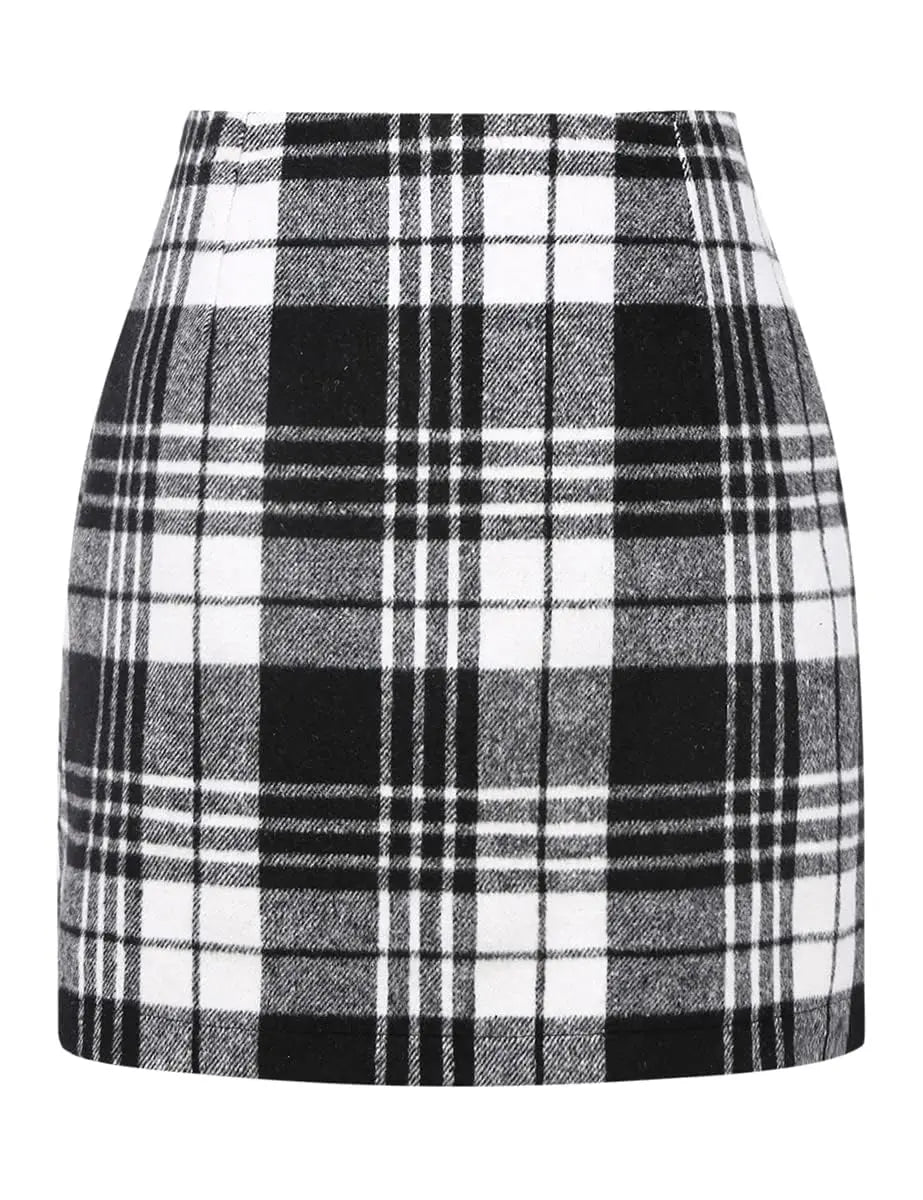 IDEALSANXUN Women's High-Waist Plaid Fitted Woolen Mini Skirt - Trendy Zipper-Closure Mini Length Preppy Chic Winter Flannel Bottoms for Holiday, Business Casual