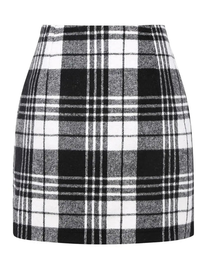 IDEALSANXUN Women's High-Waist Plaid Fitted Woolen Mini Skirt - Trendy Zipper-Closure Mini Length Preppy Chic Winter Flannel Bottoms for Holiday, Business Casual