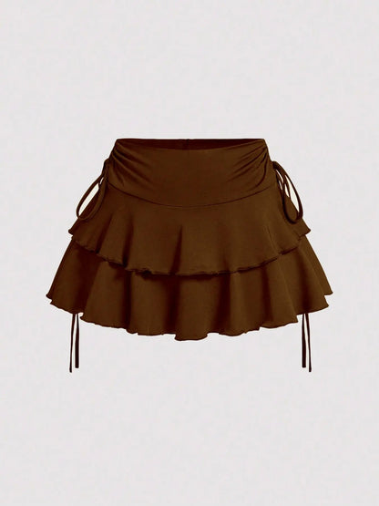 Women's Solid Lettuce Trim Tiered Layer Ruffle Hem Fitted Skirt, Elegant Lady Tie Side Mini Casual Skirt, Women's Bottoms for Daily Wear, Womenswear Feminine, Fitted Cut Skirt, Ruffled Hem Skirt