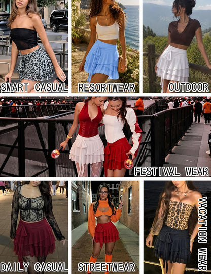 Avidlove Women's Mini Skirt Mesh Flowy Y2K Skirts Ruffle Trim Skirt