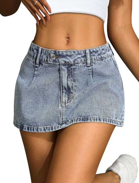 IWD Women's Denim Mini Skirt Stretch Low Waisted Jean Micro Skort