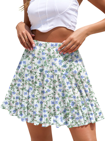 Boho Floral Flowy Mini Skirt Chiffon High Waist Tiered Pleated Short Skirts