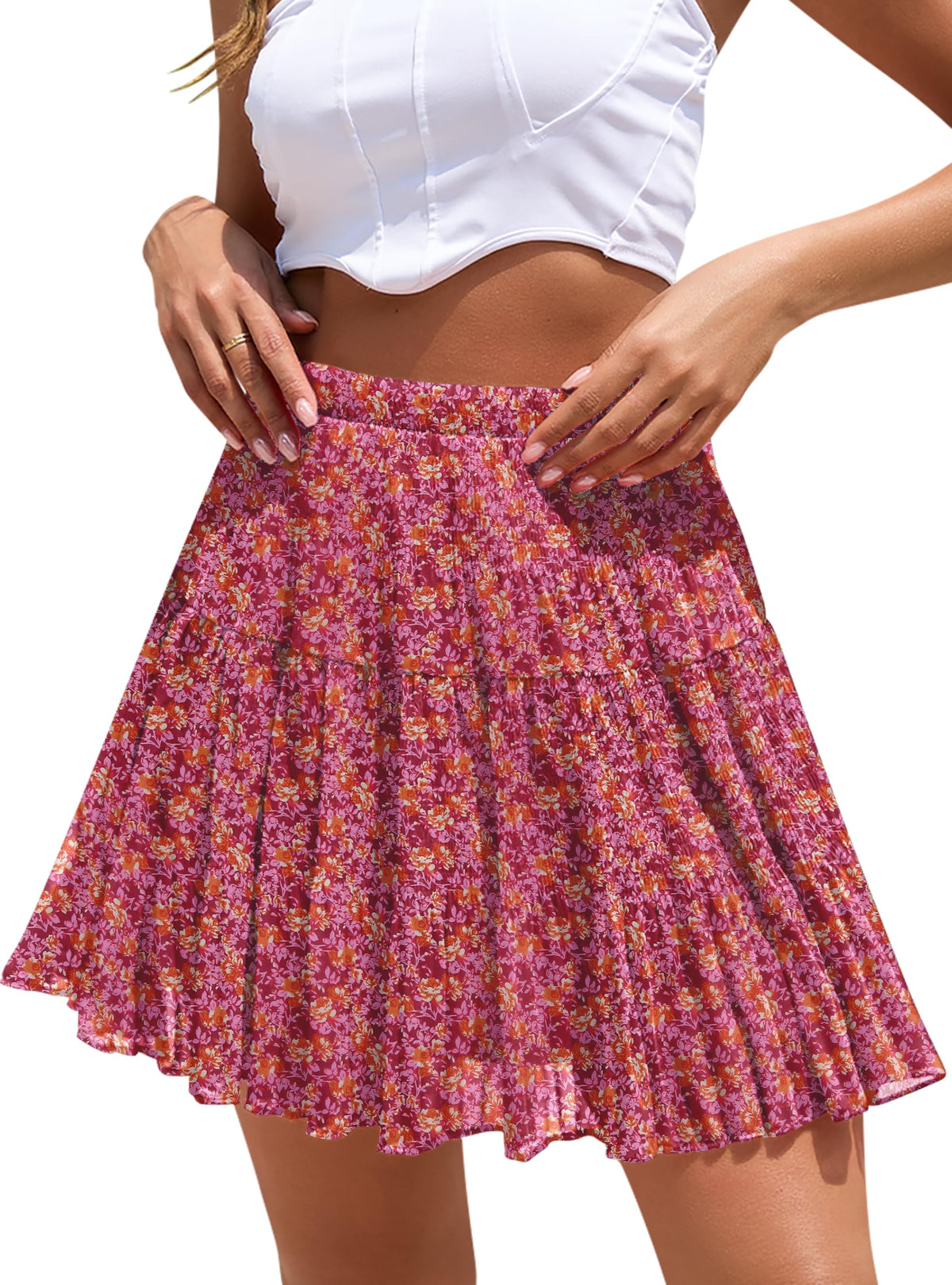 Boho Floral Flowy Mini Skirt Chiffon High Waist Tiered Pleated Short Skirts