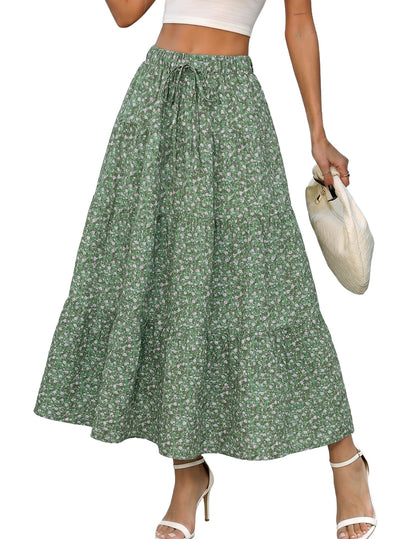 DERAX Women's Boho Flowy White Maxi Skirt Ruffle Elastic Waist Long Skirts