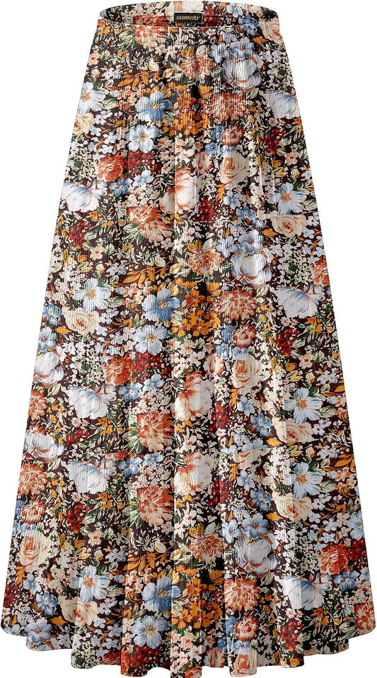 NASHALYLY Women's Chiffon Elastic High Waist Pleated A-Line Maxi Skirts