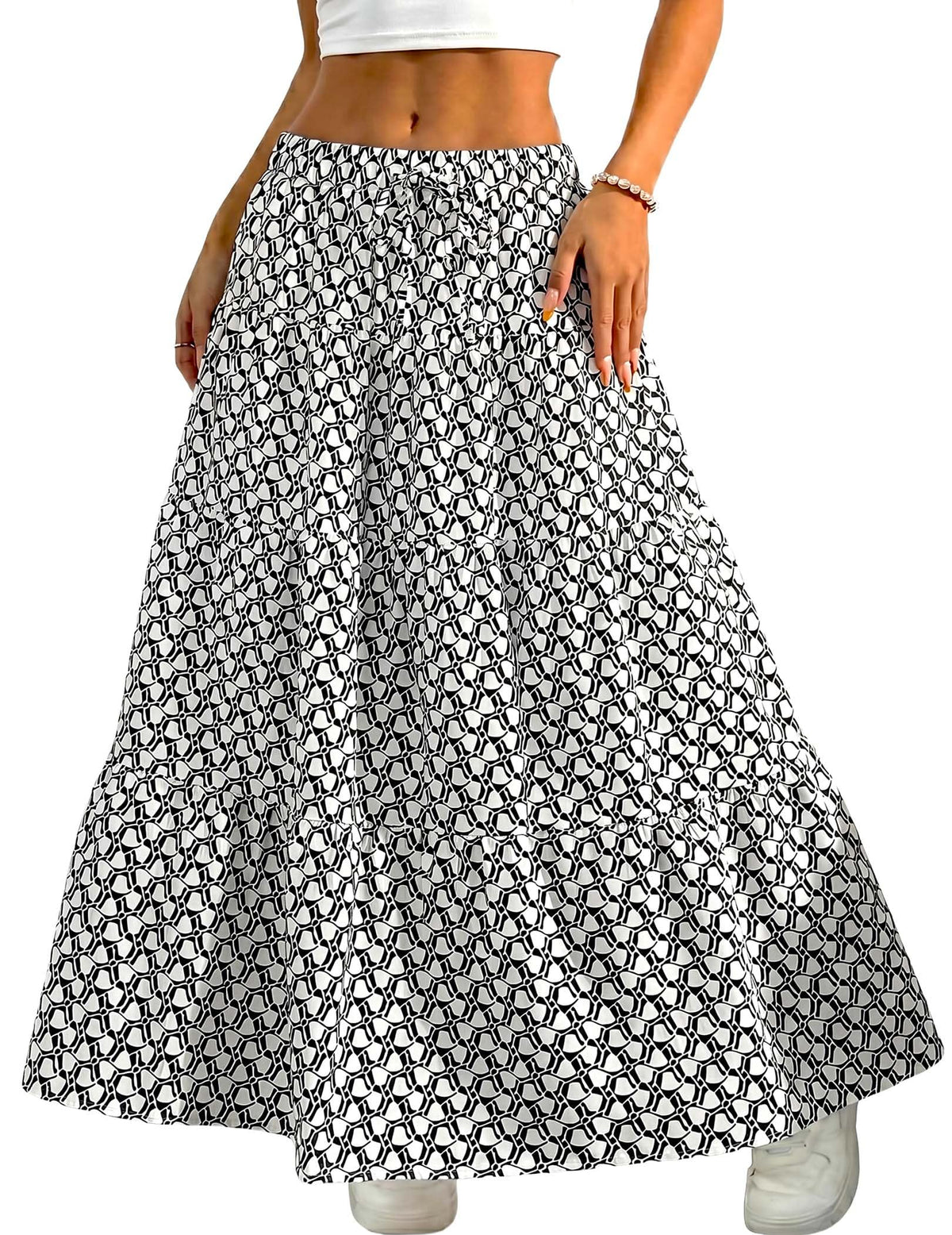 DERAX Women's Boho Flowy White Maxi Skirt Ruffle Elastic Waist Long Skirts