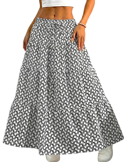 DERAX Women's Boho Flowy White Maxi Skirt Ruffle Elastic Waist Long Skirts