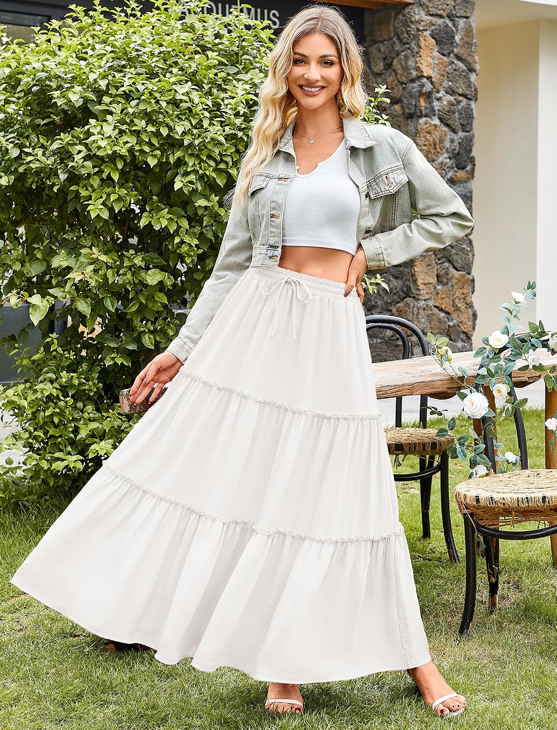 Arolina Women's Summer Maxi Skirt Trendy High Waist Pleated Ruffle Long Skirts Flowy Beach Boho Skirt Dress with Pockets