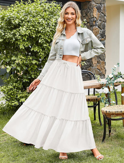Arolina Women's Summer Maxi Skirt Trendy High Waist Pleated Ruffle Long Skirts Flowy Beach Boho Skirt Dress with Pockets