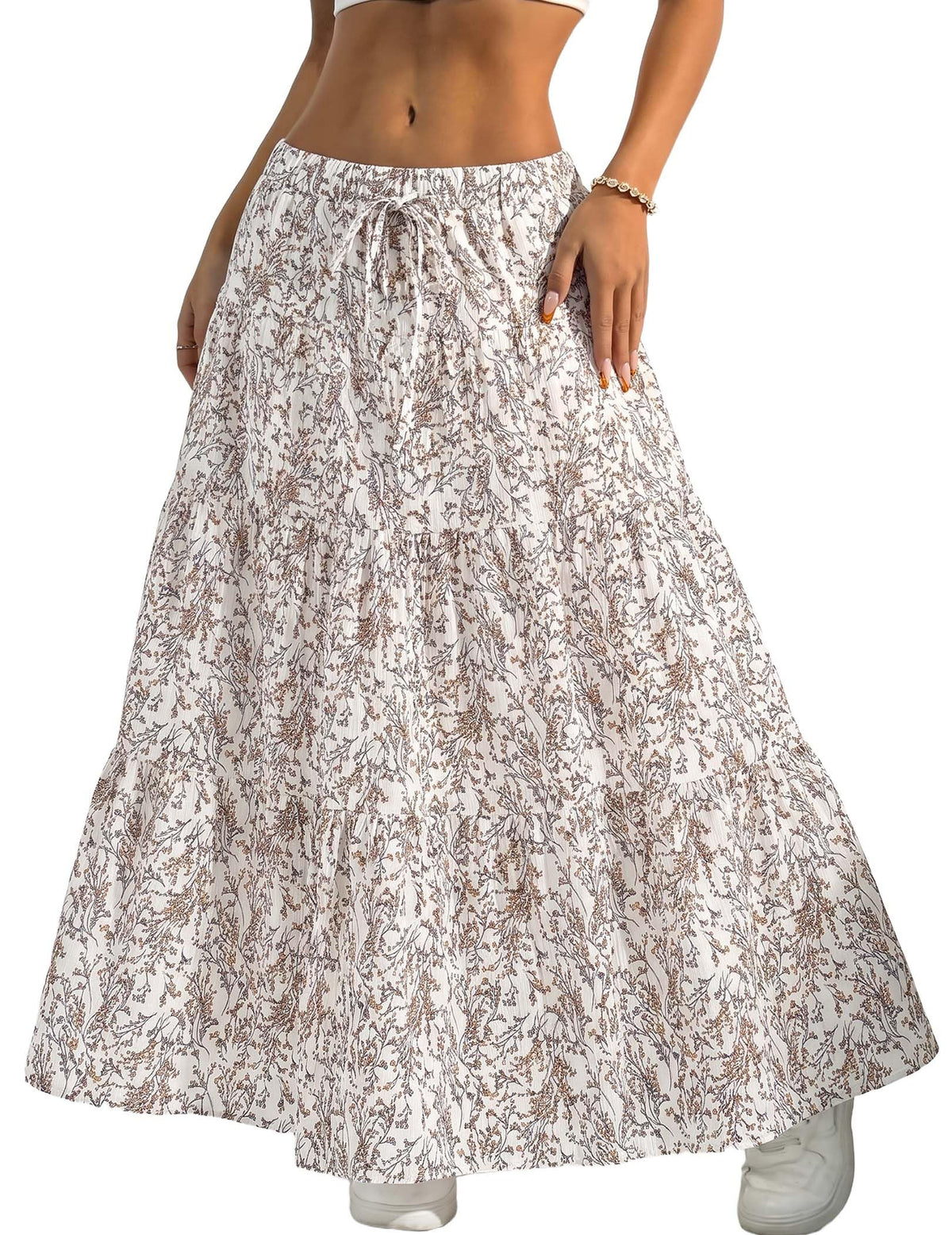 DERAX Women's Boho Flowy White Maxi Skirt Ruffle Elastic Waist Long Skirts