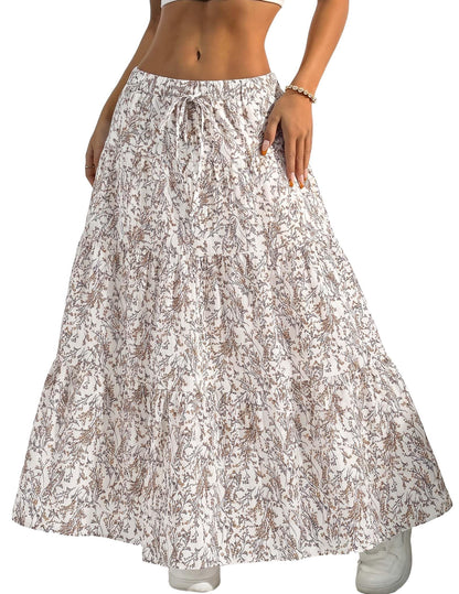 DERAX Women's Boho Flowy White Maxi Skirt Ruffle Elastic Waist Long Skirts