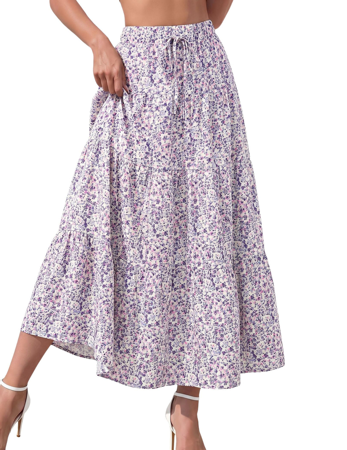 DERAX Women's Boho Flowy White Maxi Skirt Ruffle Elastic Waist Long Skirts
