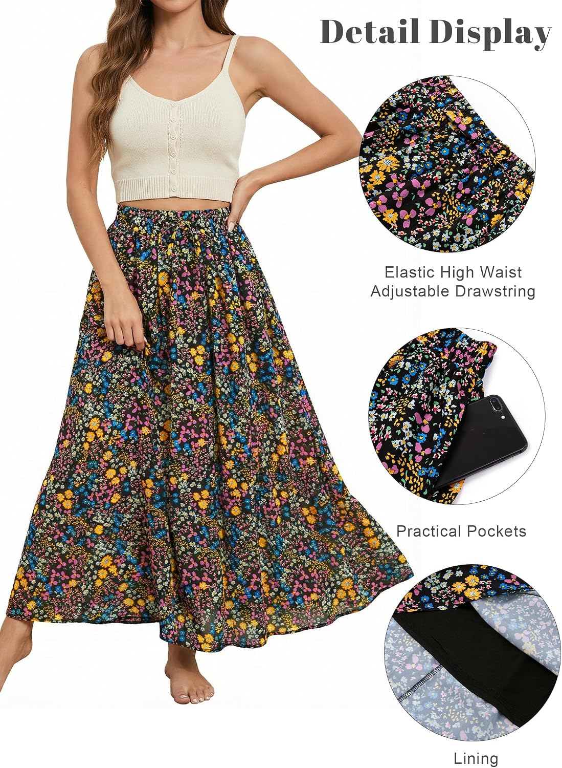 Maxi Skirt for Women Floral Boho A-line Long Summer Skirts