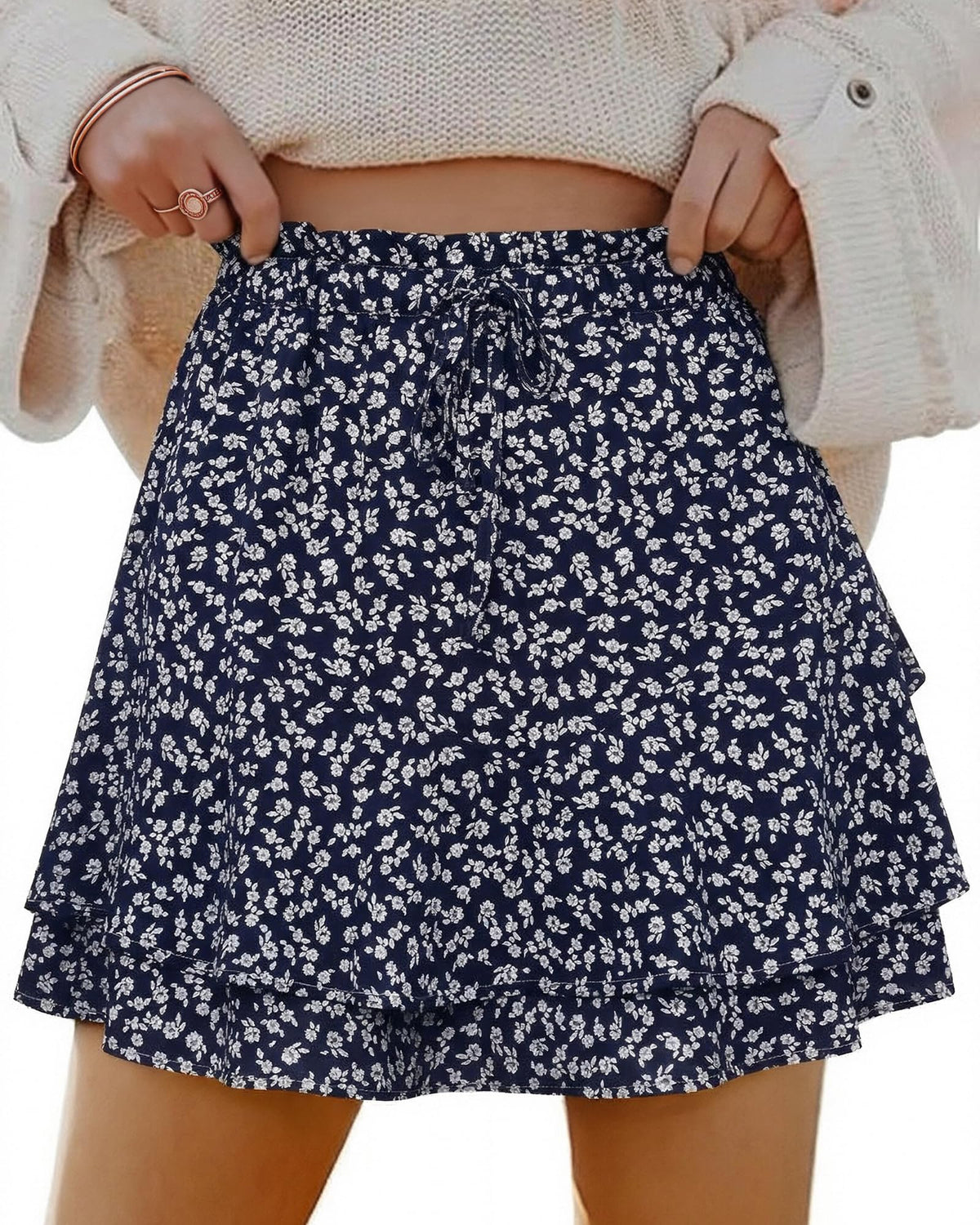Mini Skirts Skorts for Women Floral with Pocket Flowy Chiffon Ruffle Skorts Boho Casual Beach Skirt with Shorts Underneath