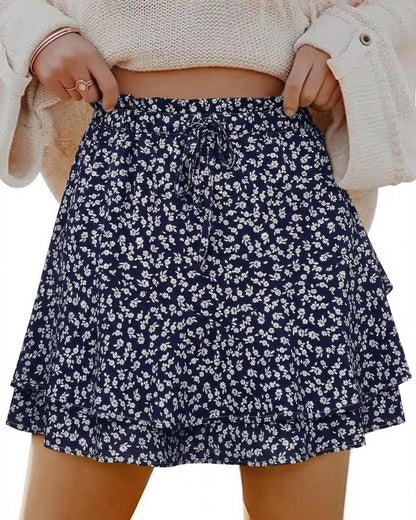 Mini Skirts Skorts for Women Floral with Pocket Flowy Chiffon Ruffle Skorts Boho Casual Beach Skirt with Shorts Underneath