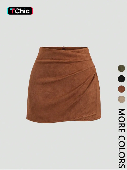 Women's Faux‑Suede Mini Skirt, Vintage Twisted Ruched Bodycon Short Skirt, Fashionable Chic Casual Versatile Skirt for Spring and Fall, Egirl Skirts