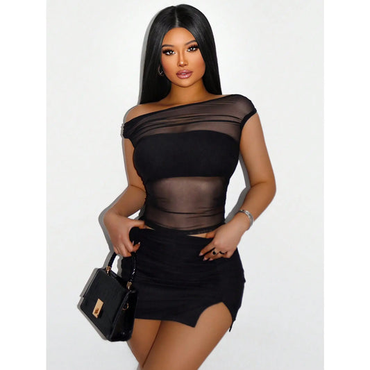Sheer Mesh 2-Piece Skirt Set - Trending Women's Fashion Apparel, Solid Color Crop Top and Mini Skirt for Festival or Beach Outfits, Tops For Women, 2 Piece Sets Women, Cropped, Women's Clothes