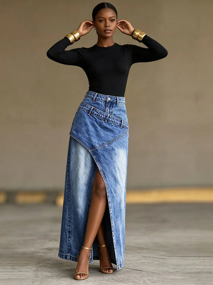 American Retro Deconstructed Fake Two-Piece Denim Skirt, Asymmetrical Slash Pleated High Waist Split A-Line Long Skirt for Women Chic