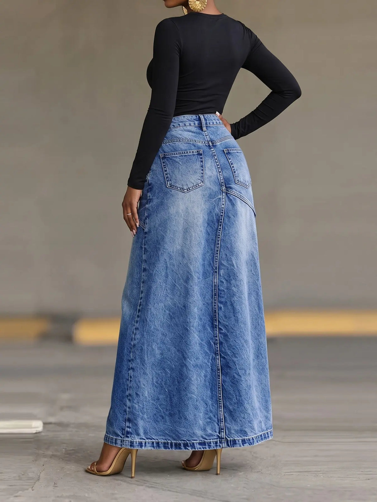 American Retro Deconstructed Fake Two-Piece Denim Skirt, Asymmetrical Slash Pleated High Waist Split A-Line Long Skirt for Women Chic