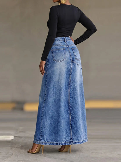 American Retro Deconstructed Fake Two-Piece Denim Skirt, Asymmetrical Slash Pleated High Waist Split A-Line Long Skirt for Women Chic