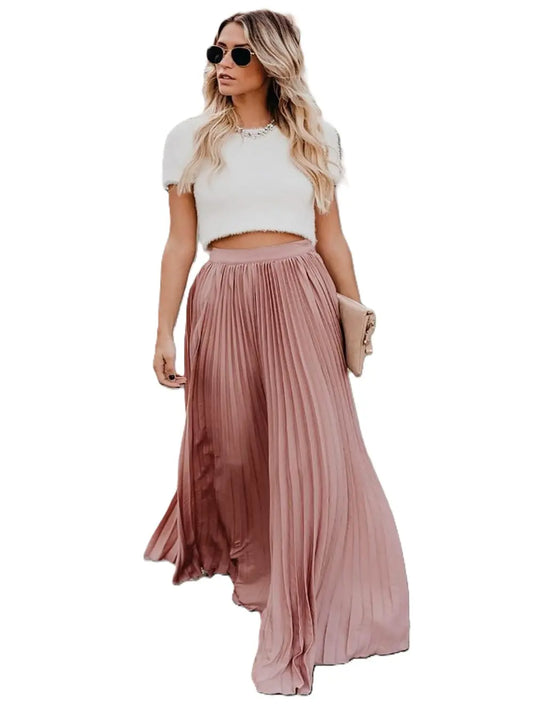 Ebossy Women's High Waist Flowy Pleated Chiffon Maxi Long Skirt - Casual Loose Fit, Elastic Waist, Chic Look, Easy Wash, Safe Materials, Side Pockets, Summer Fall Wear, Basic Minimalist Womenswear Bottoms