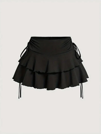 Women's Solid Lettuce Trim Tiered Layer Ruffle Hem Fitted Skirt, Elegant Lady Tie Side Mini Casual Skirt, Women's Bottoms for Daily Wear, Womenswear Feminine, Fitted Cut Skirt, Ruffled Hem Skirt