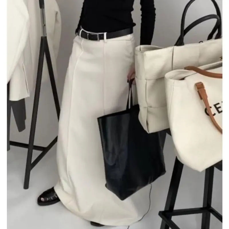 Women's Chic Mid-Waist H-Shaped Plain Woven Maxiskirt - 2025 Minimalist Thick Loose Polyester Skirt with Pockets, Zipper Closure, Machine Washable, Old Money Style, Flattering Fit for Spring Autumn Daily Outing