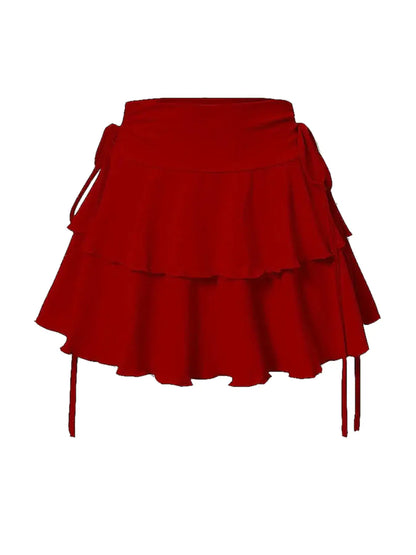 Women's Solid Lettuce Trim Tiered Layer Ruffle Hem Fitted Skirt, Elegant Lady Tie Side Mini Casual Skirt, Women's Bottoms for Daily Wear, Womenswear Feminine, Fitted Cut Skirt, Ruffled Hem Skirt