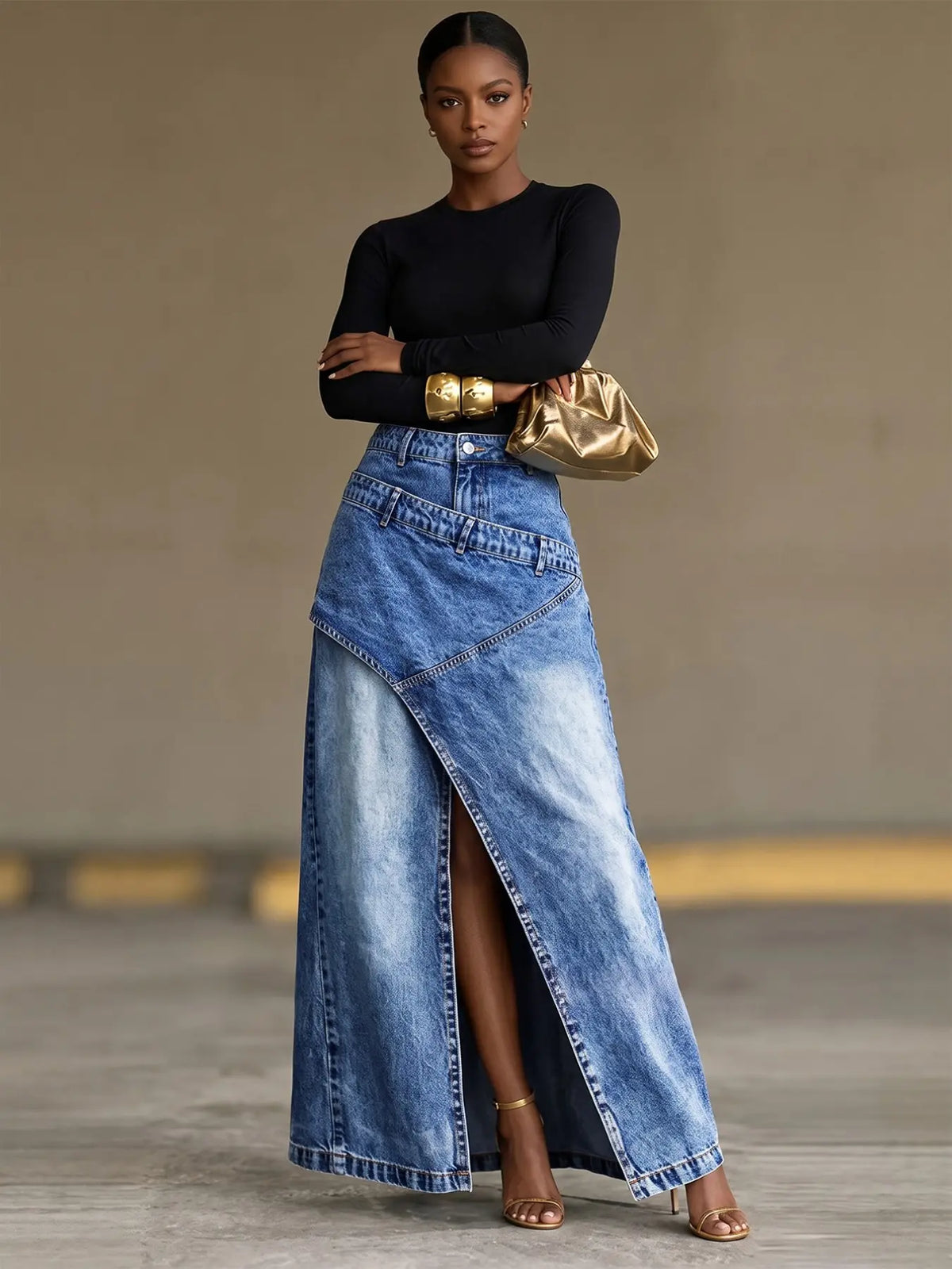 American Retro Deconstructed Fake Two-Piece Denim Skirt, Asymmetrical Slash Pleated High Waist Split A-Line Long Skirt for Women Chic