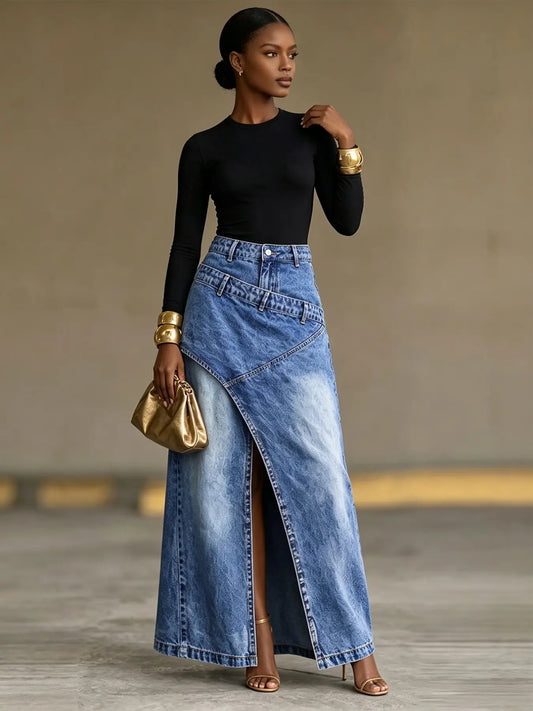 American Retro Deconstructed Fake Two-Piece Denim Skirt, Asymmetrical Slash Pleated High Waist Split A-Line Long Skirt for Women Chic
